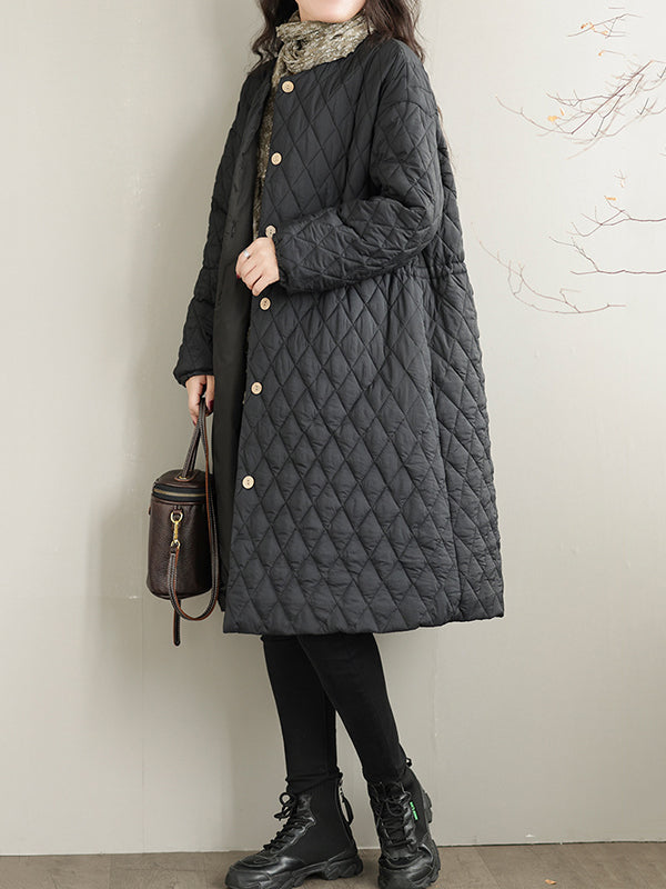 flowersverse Buttoned Cotton-padded Clothes Quilted Long Sleeves Loose Round-neck Padded Coat