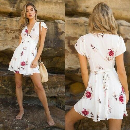 flowersverse Women Dress Short Sleeve Floral Printed Chiffon Lace Up Deep V-neck Casual Beach Dress Summer Fashion Dress For Women