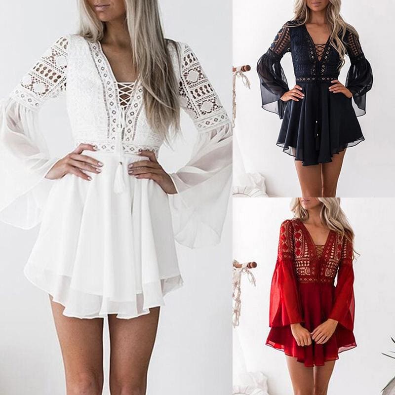 flowersverse Hollow Out Chiffon Dress Cross Bandage Lace V-Neck Long Sleeve Dress