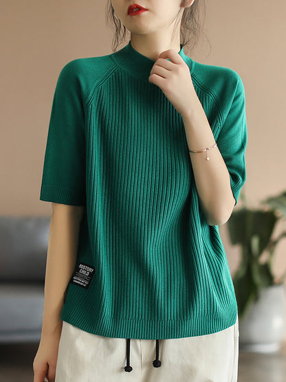 flowersverse Simple Long Sleeves Loose Solid Color High-Neck Sweater Tops