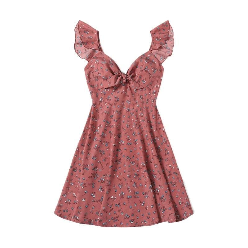 flowersverse Boho Ditsy Floral Knot Neck Ruffle Trim Summer Dress