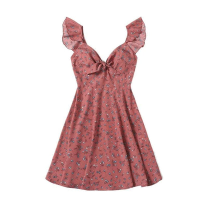 flowersverse Boho Ditsy Floral Knot Neck Ruffle Trim Summer Dress