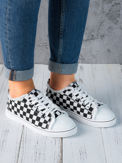 flowersverse Black And White Checkerboard Graphic Distressed Canvas Flats