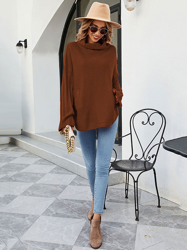 flowersverse Loose Long Sleeves Solid Color High-Neck With Pockets Sweater Tops