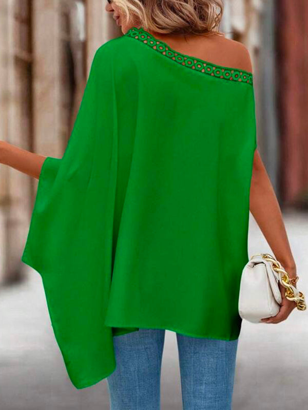 flowersverse Asymmetric Hollow Solid Color Batwing Sleeves One-Shoulder Blouses&Shirts Tops