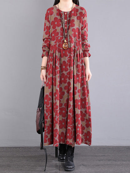 flowersverse Casual Long Sleeves Loose Floral Printed Round-Neck Midi Dresses