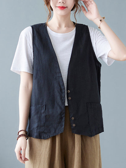 flowersverse Simple Loose V-Neck Solid Color Vest