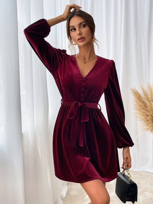 flowersverse V-neck Waist A-line Skirt Long-Sleeved Velvet Sexy Banquet Dress