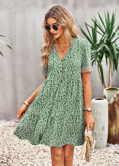 flowersverse Floral Buttoned Puff Sleeve Dress