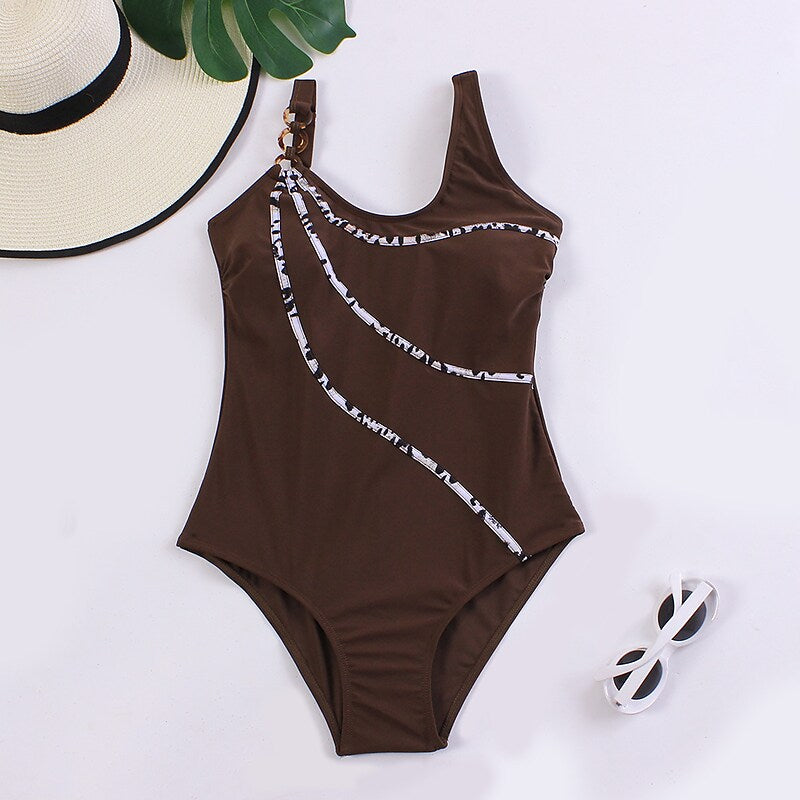 flowersverse Women's Swimwear One Piece Normal Swimsuit Quick Dry Solid Color Striped Coffee color Black Bodysuit Bathing Suits Sports Beach Wear Summer