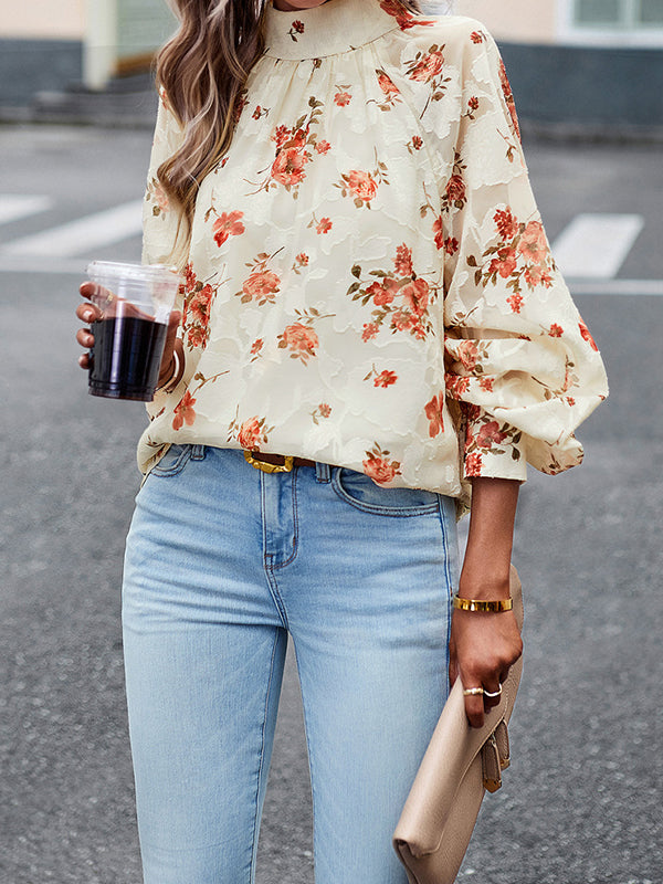 flowersverse Flower Print Tied Long Sleeves Loose Mock Neck Blouses&Shirts Tops