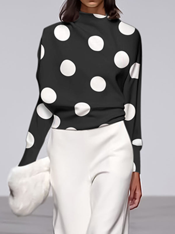 flowersverse Long Sleeves Loose Polka Dot Stand Collar T-Shirts