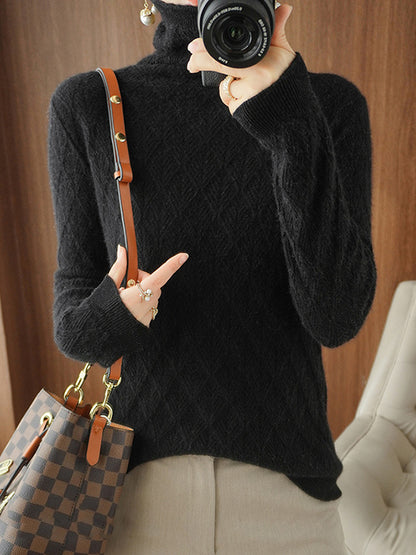 flowersverse Solid Color Long Sleeves High-Neck Sweater Tops