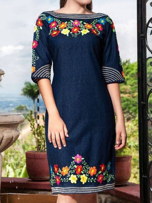 flowersverse Shift Printed Half Sleeve Vintage Weaving Dress