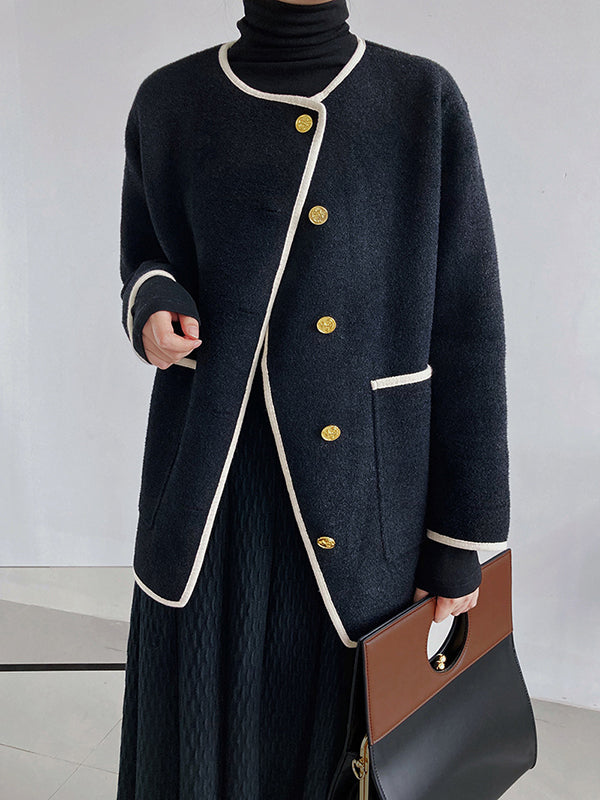 flowersverse Asymmetric Buttoned Pockets Split-Joint Long Sleeves Loose Round-Neck Woolen Coat