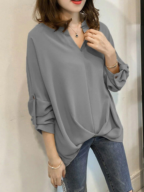 flowersverse Casual Long Sleeves Loose Solid Color V-Neck Blouses&Shirts Tops