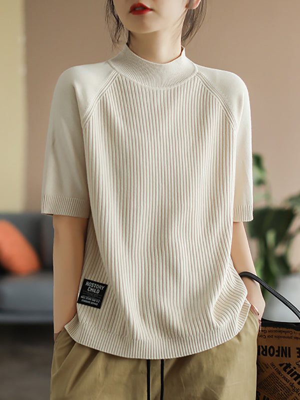 flowersverse Simple Long Sleeves Loose Solid Color High-Neck Sweater Tops