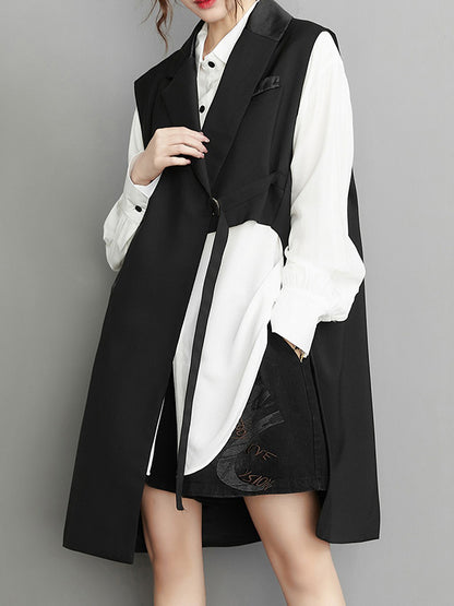 flowersverse Asymmetric Pockets Tied Sleeveless Notched Collar Vest Outerwear