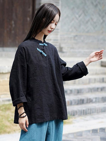 flowersverse National Style Button Linen Shirt