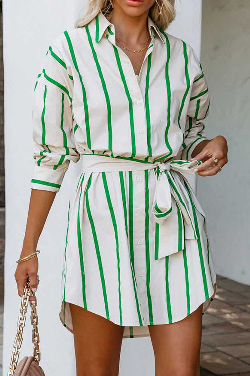 flowersverse Casual Striped Patchwork Turndown Collar Shirt Dress Dresses