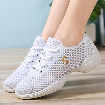 flowersverse Women's Dance Sneakers Hip Hop Performance Practice Breaking/ Square Dance Outdoor Flat Flat Heel Lace-up White Black