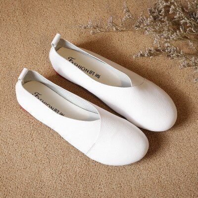 flowersverse Women Handmade Vintage Leather Flats Shoes Shallow Mouth Plus Size