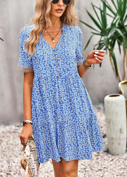 flowersverse Floral Buttoned Puff Sleeve Dress