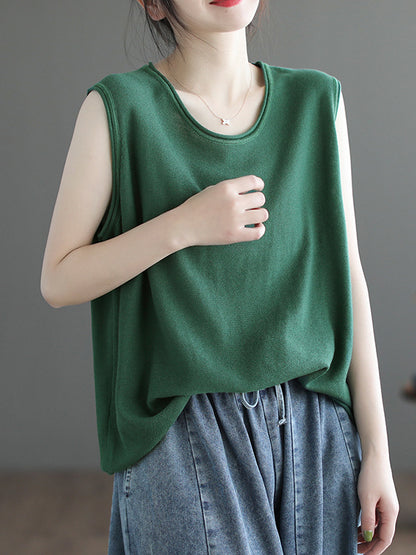 flowersverse Solid Color Loose Sleeveless Round-neck Knitting Vest Top