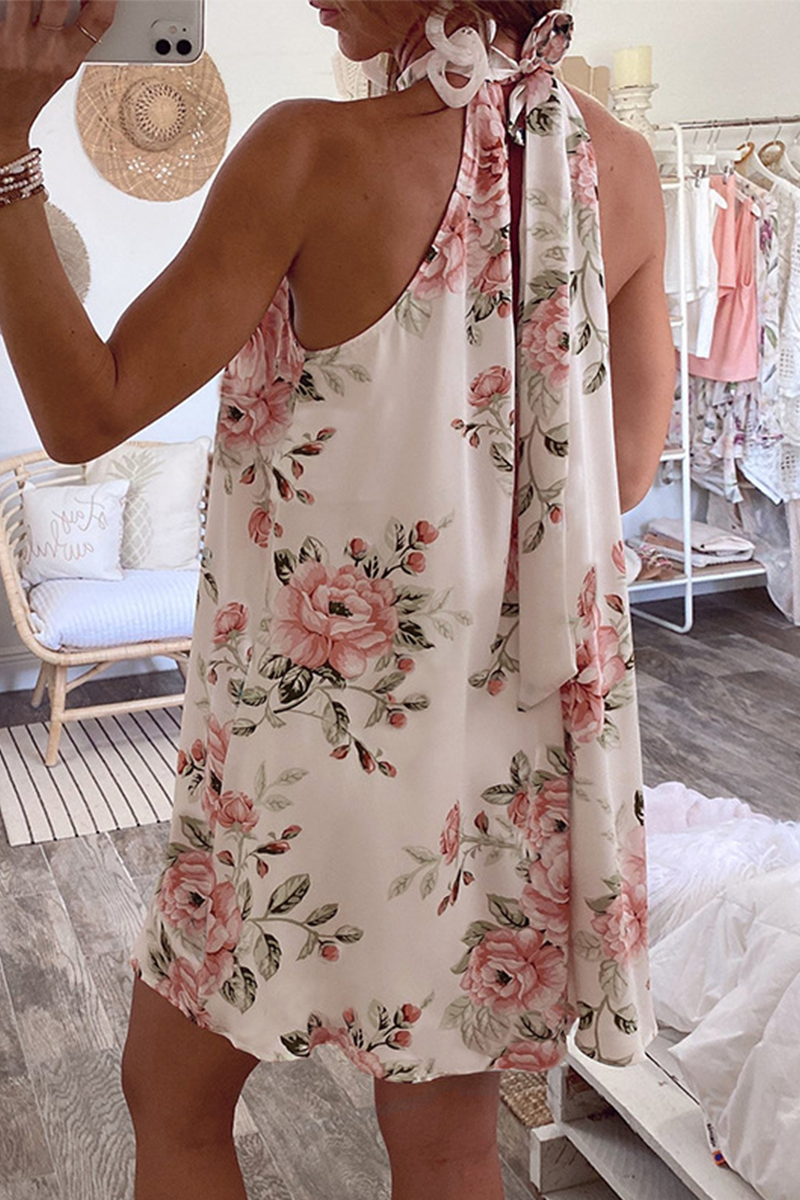 flowersverse Sexy Floral Frenulum Backless Halter Printed Dress Dresses