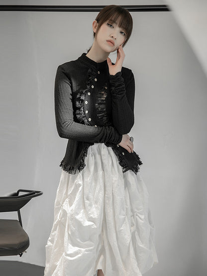 flowersverse Stylish Asymmetric Buttoned Hollow Lace Stand Collar Long Sleeves Knitwear Cardigan