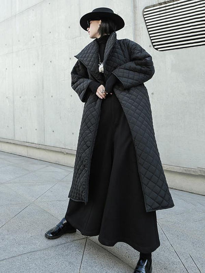 flowersverse Black Rhombic Split-Side High Collar Long Coat