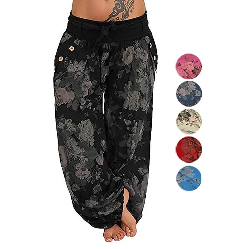 flowersverse Women's Harem Pants Breathable Quick Dry Moisture Wicking Yoga Fitness Gym Workout Pants Bloomers Bottoms Boho White Black Yellow Plus Size Sports Activewear Elastic Loose