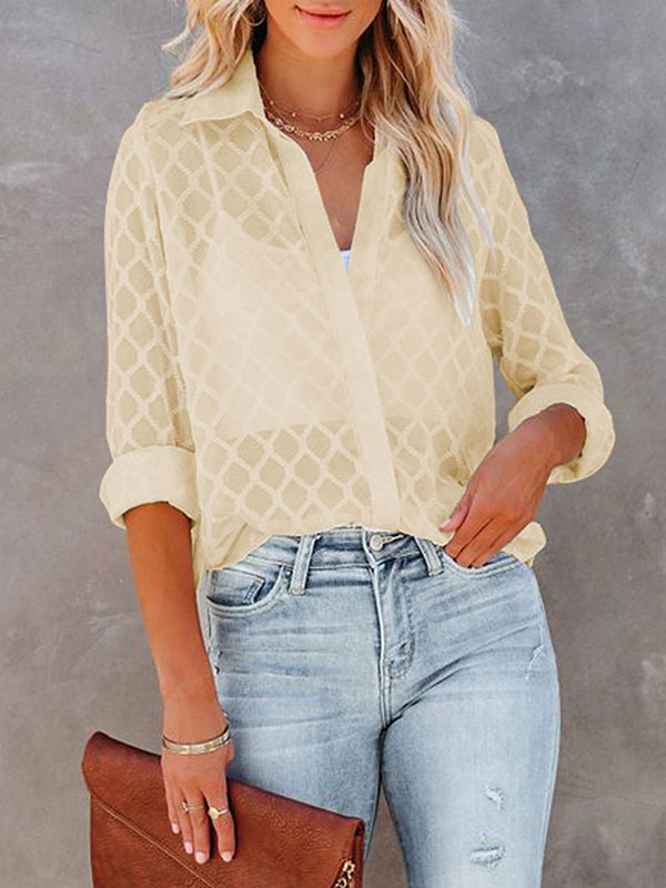 flowersverse Casual Long Sleeves Loose Buttoned See-Through Solid Color Lapel Collar Blouses&Shirts Tops