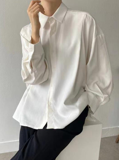 flowersverse Simple Long Sleeves Loose Buttoned Pleated Solid Color Lapel Collar Blouses&Shirts Tops