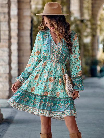 flowersverse Bohemian Chic Floral Print V-Neck Long Sleeve Dress