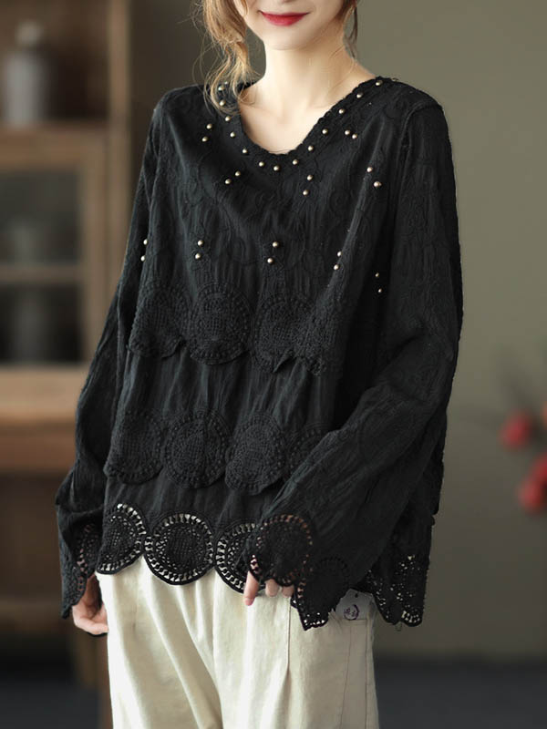 flowersverse Black&Coffee Lacy Hollow V-Neck Long Sleeve Shirts