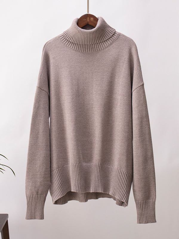 flowersverse Solid Color Long Sleeves Loose High Neck Sweater Tops Pullovers Knitwear