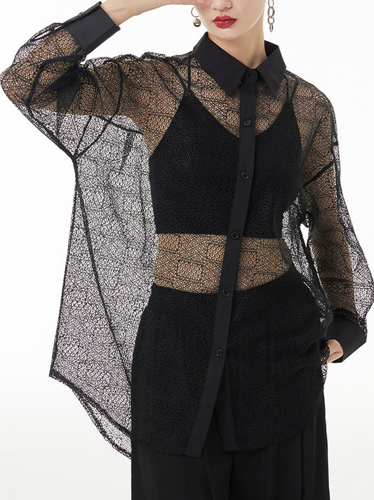 flowersverse Lacy See-Through Solid Color Long Sleeves Loose Lapel Blouses&shirts Tops