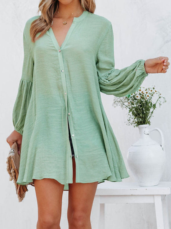 flowersverse Stitching Casual Loose Cardigan Button Puff Sleeve Dress