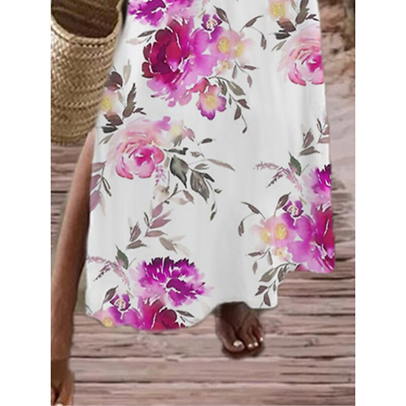 flowersverse Women's Long Dress Maxi Dress Casual Dress Print Dress Floral Fashion Streetwear Outdoor Daily Going out Split Print Short Sleeve V Neck Dress Regular Fit Pink Navy Blue Spring Summer S M L XL XXL