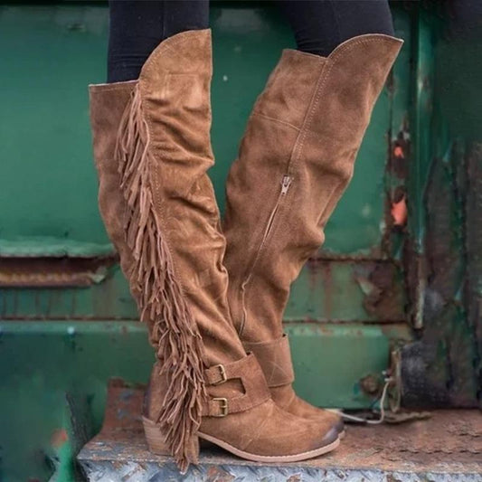 flowersverse Low Heel Suede Winter Tassel Boots