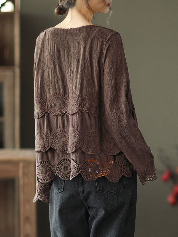 flowersverse Black&Coffee Lacy Hollow V-Neck Long Sleeve Shirts