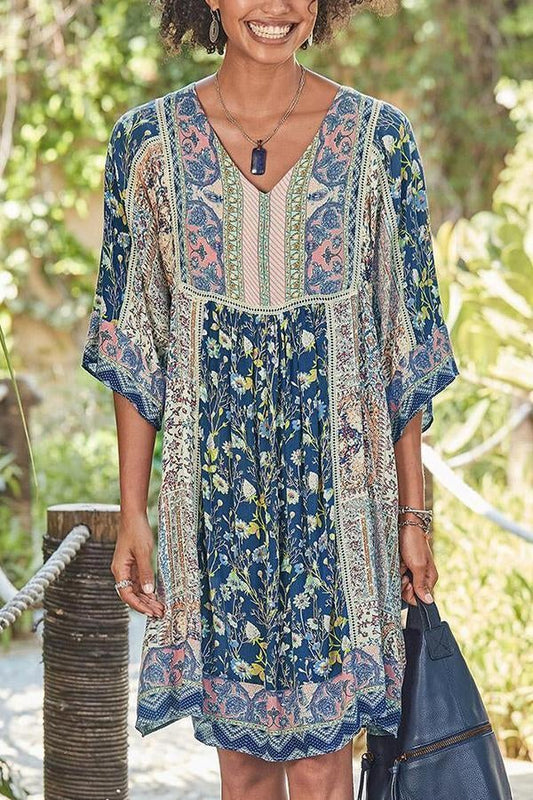 flowersverse Bohemian Floral Print V-neck Half Sleeves Holiday Midi Dress