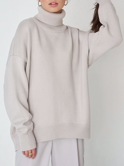 flowersverse Solid Color Long Sleeves Loose High Neck Sweater Tops Pullovers Knitwear