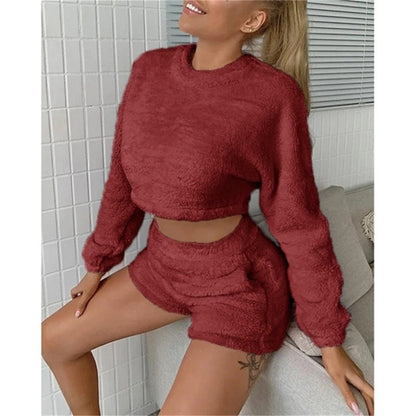 flowersverse High Waist Long Sleeves Flocking Plus Shorts Home Leisure Coral Fleece Suit