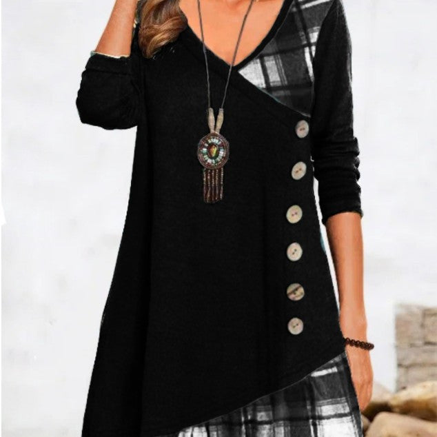 flowersverse Casual Patchwork Long Sleeve Dress For Women