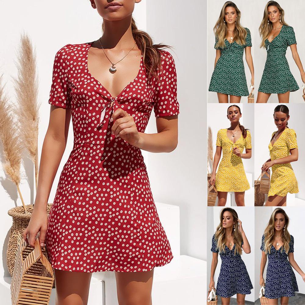 flowersverse Summer Short Sleeve Floral Boho Dress Party Evening Beach V neck Dress