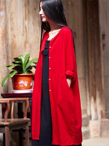 flowersverse Soft Red Ramie Cotton Linen Cover-up Cardigan