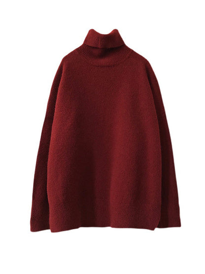 flowersverse Solid Color Split-Side Long Sleeves Loose High-Neck Sweater Tops Pullovers Knitwear