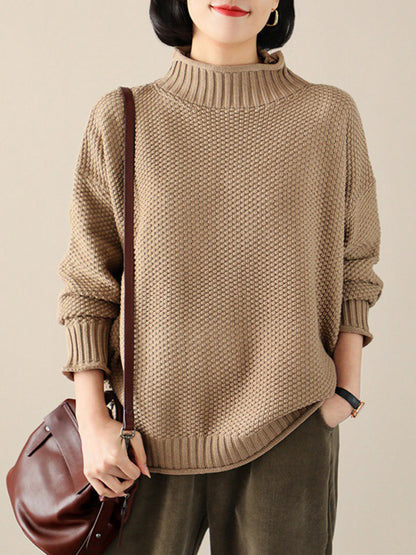 flowersverse Casual Loose Long Sleeves Solid Color High-Neck Sweater Tops